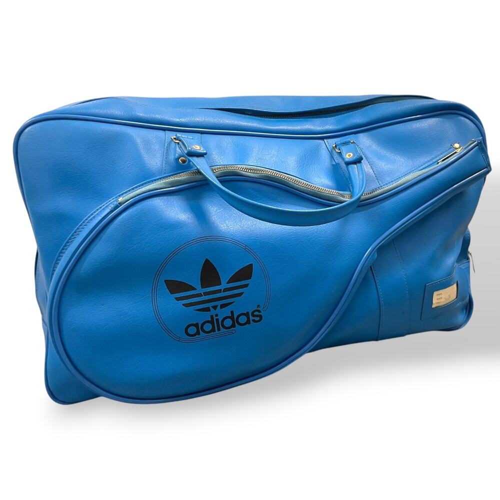 Rare Vintage 1970s Adidas Electric Blue Leather Tennis Bag Trefoil Era Duffel - Picture 2 of 9